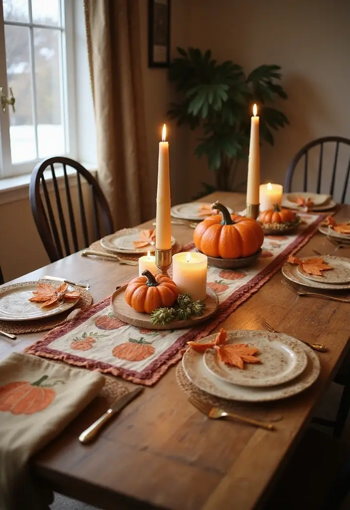 27 Fall Kitchen Decor Ideas with Pumpkins and Candles You’ll Love 19 27 Fall Kitchen Decor Ideas with Pumpkins and Candles You’ll Love - 7. Festive Table Runner with Pumpkin Motif