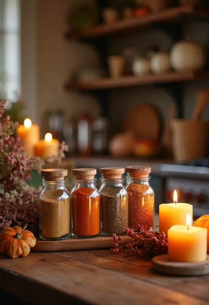 27 Fall Kitchen Decor Ideas with Pumpkins and Candles You’ll Love 20 27 Fall Kitchen Decor Ideas with Pumpkins and Candles You’ll Love - 8. Seasonal Spice Containers with Candle Accents