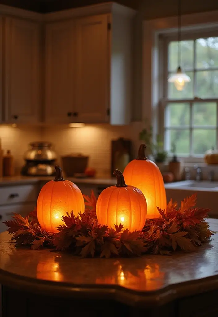 27 Fall Kitchen Decor Ideas with Pumpkins and Candles You’ll Love 21 27 Fall Kitchen Decor Ideas with Pumpkins and Candles You’ll Love - 9. Lighted Pumpkin Lanterns