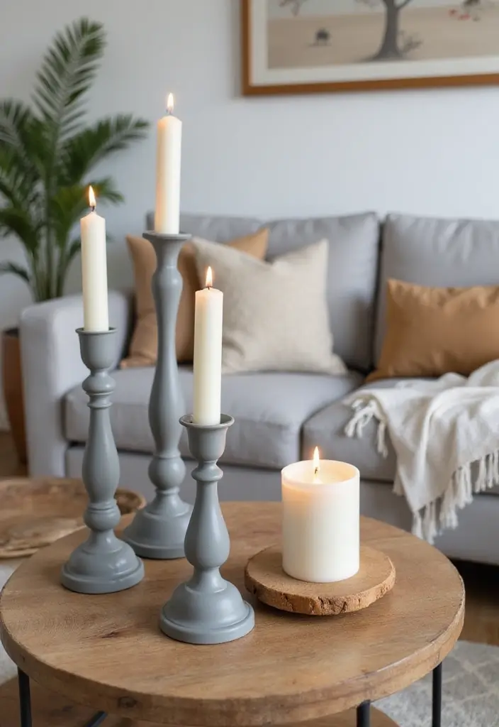 27 Grey Candle Holder Decor Ideas for Minimalist Homes 42 27 Grey Candle Holder Decor Ideas for Minimalist Homes - 10. Natural Wood and Grey Combination