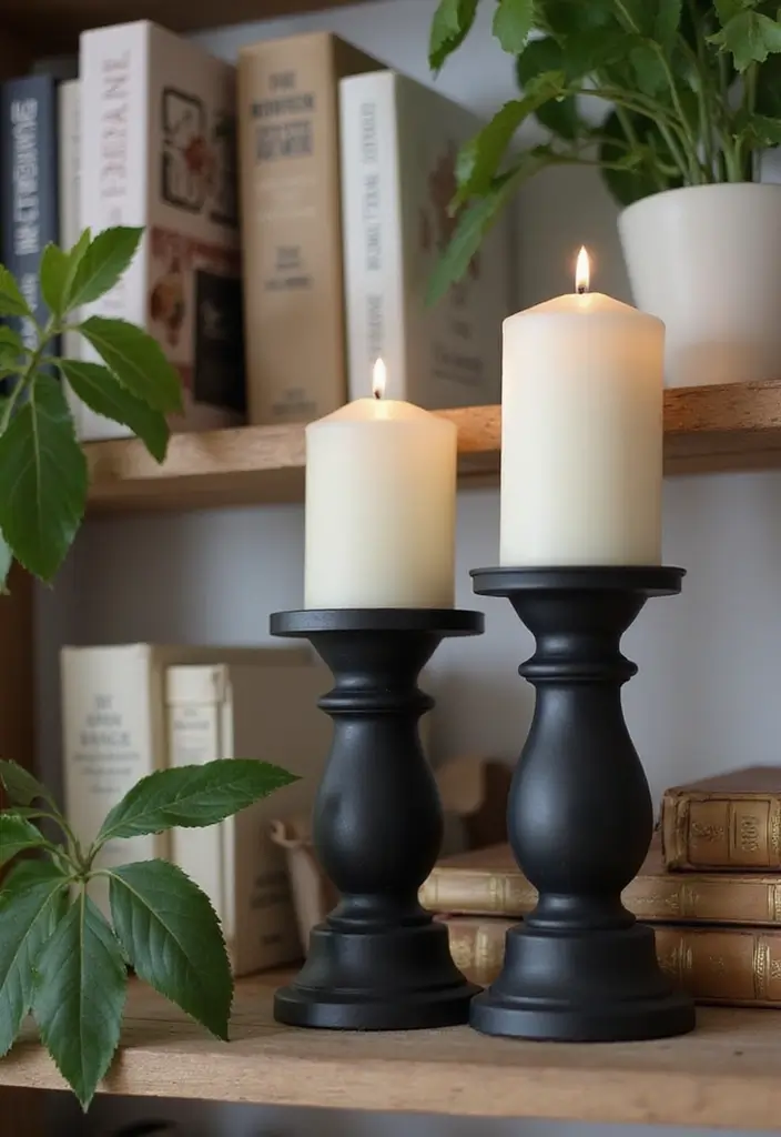 28 Black Candle Holder Decor Ideas for a Modern Bold Aesthetic - 11. Candle Holders in Shelf Displays
