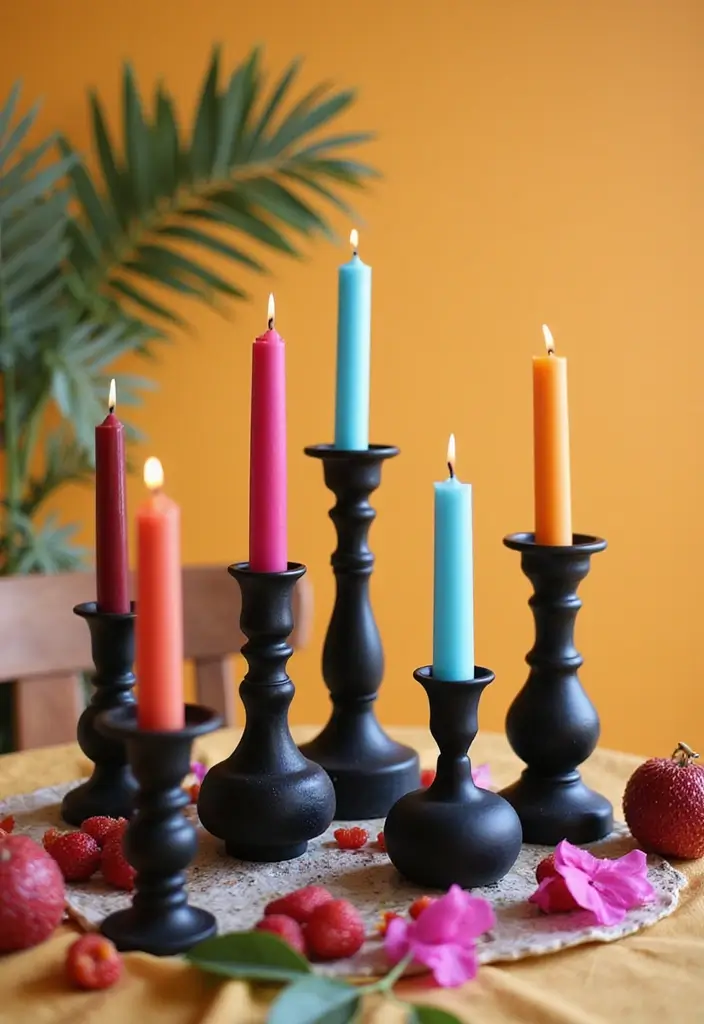 28 Black Candle Holder Decor Ideas for a Modern Bold Aesthetic - 16. Candle Holders with Colorful Candles