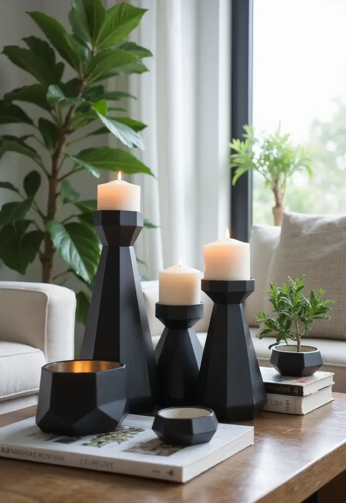 28 Black Candle Holder Decor Ideas for a Modern Bold Aesthetic - 2. Geometric Black Candle Holders