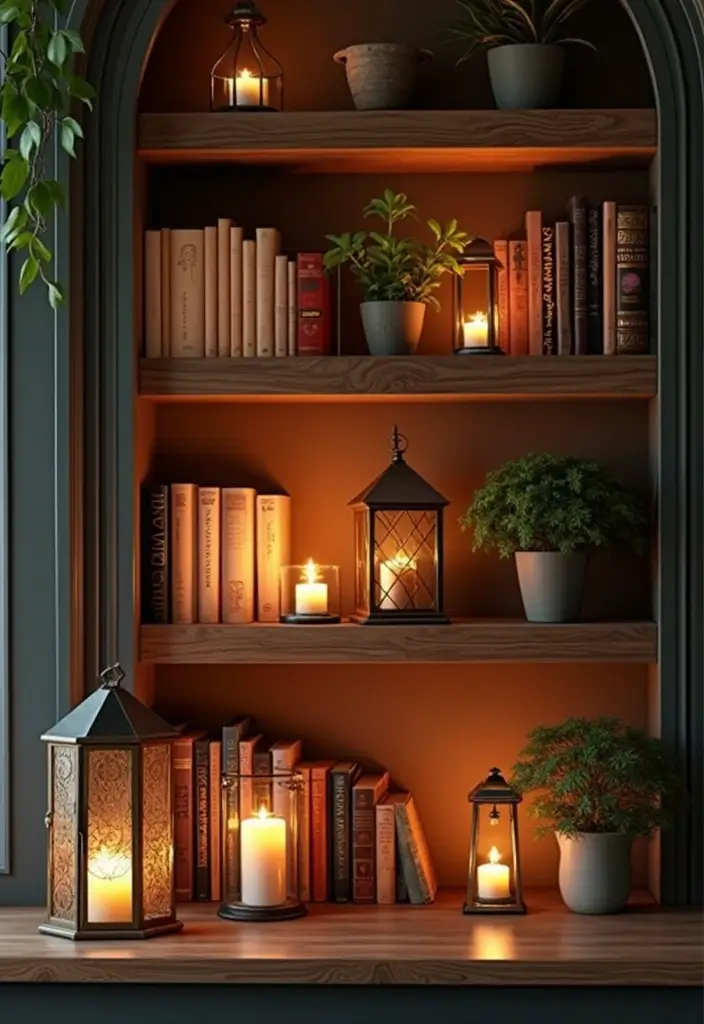 28 Home Decor Ideas with Candle Lanterns for Cozy Corners 46 28 Home Decor Ideas with Candle Lanterns for Cozy Corners - 12. Lanterns on Bookshelves