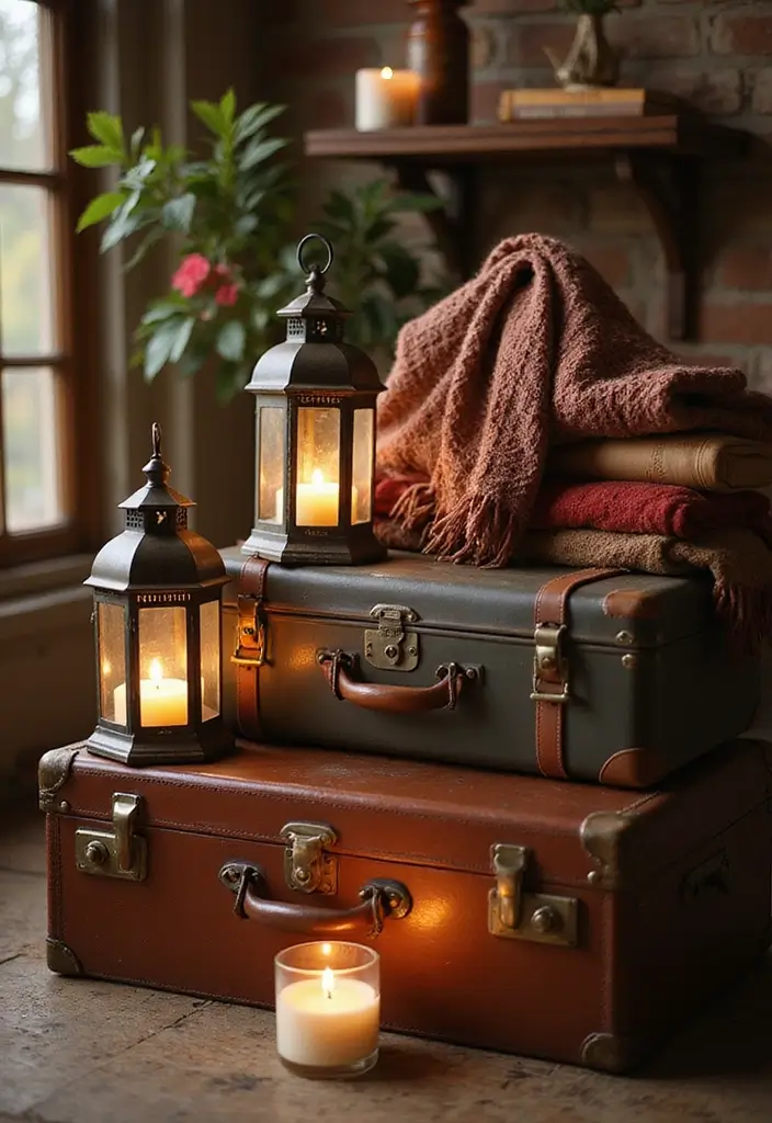 28 Home Decor Ideas with Candle Lanterns for Cozy Corners 56 28 Home Decor Ideas with Candle Lanterns for Cozy Corners - 16. Vintage Suitcase Display