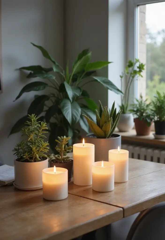 28 Modern Home Decor Ideas with Candles and Plants for Fresh Vibes 50 28 Modern Home Decor Ideas with Candles and Plants for Fresh Vibes - 16. Combining Home Office Decor with Plants and Candles