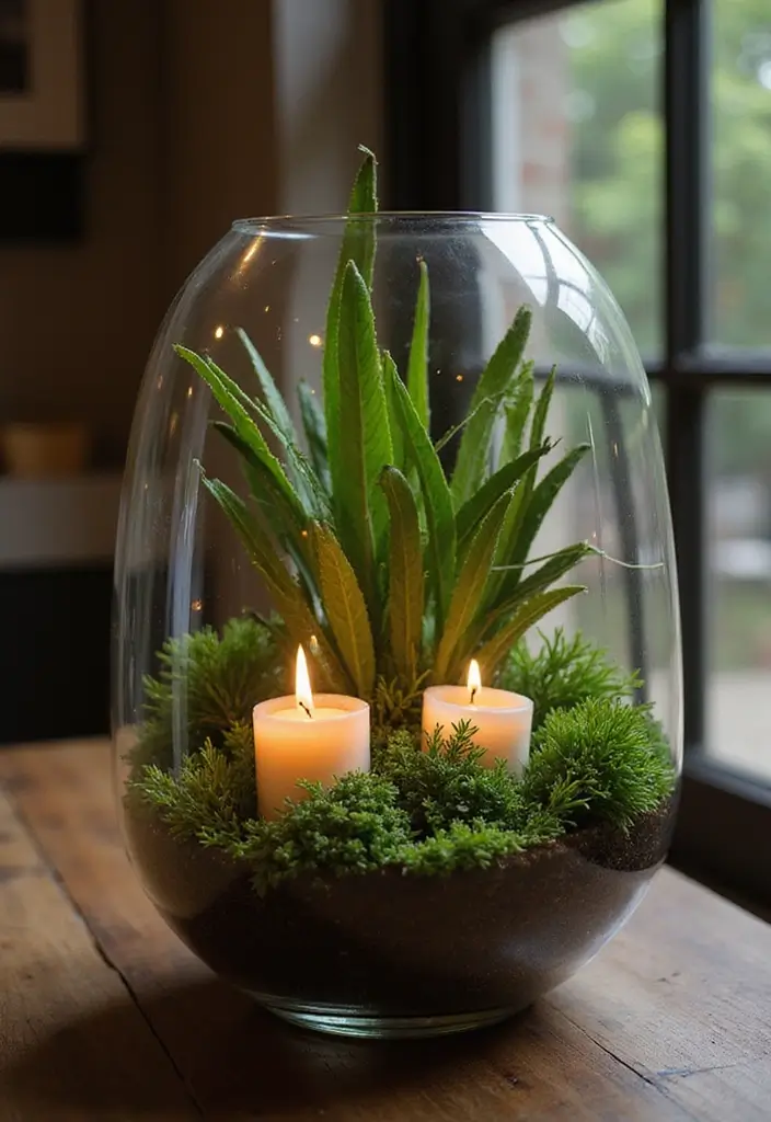 28 Modern Home Decor Ideas with Candles and Plants for Fresh Vibes 9 28 Modern Home Decor Ideas with Candles and Plants for Fresh Vibes - 3. Candlelit Terrarium Centerpieces