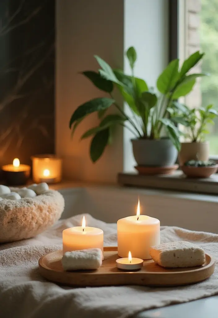 28 Modern Home Decor Ideas with Candles and Plants for Fresh Vibes 36 28 Modern Home Decor Ideas with Candles and Plants for Fresh Vibes - 8. Candlelit Spa Vibes with Plants