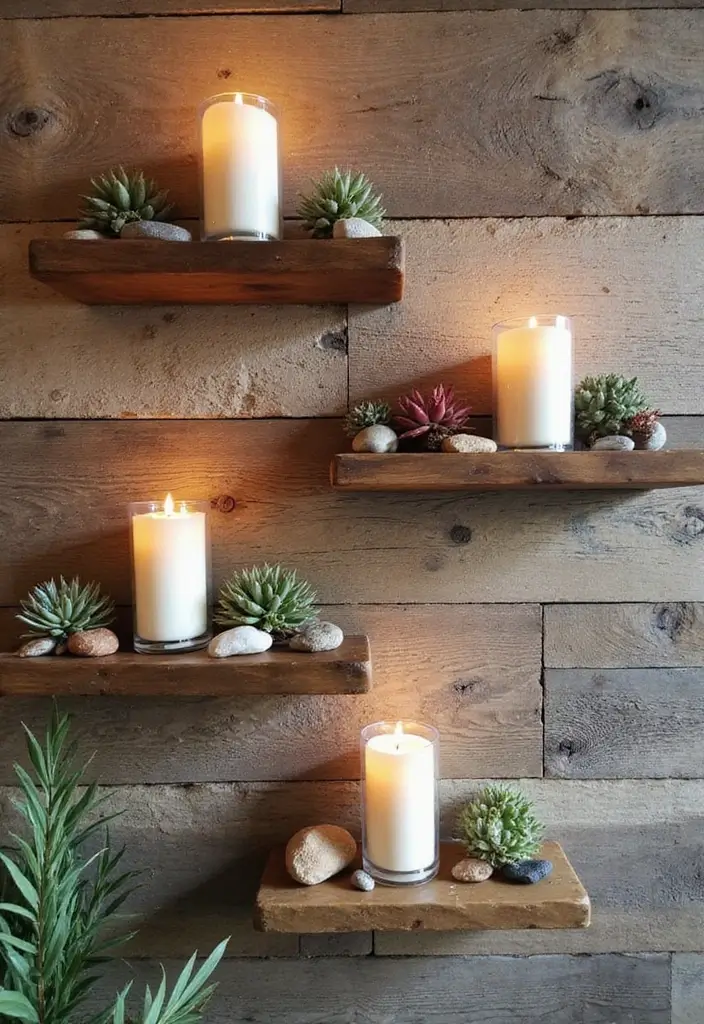29 Rustic Wall Decor Ideas with Candles and Vases That Feel Inviting 1 29 Rustic Wall Decor Ideas with Candles and Vases That Feel Inviting - 1. Reclaimed Wood Shelves with Candle Holders