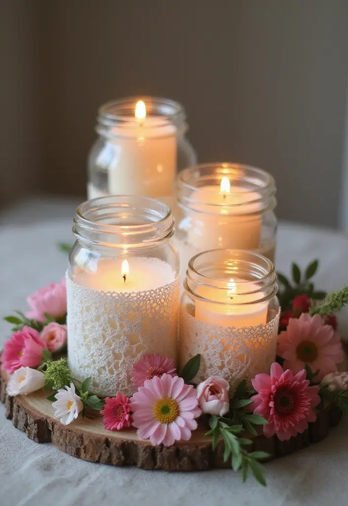 29 Rustic Wall Decor Ideas with Candles and Vases That Feel Inviting 61 29 Rustic Wall Decor Ideas with Candles and Vases That Feel Inviting - 11. Lovely Lace-Trimmed Jars