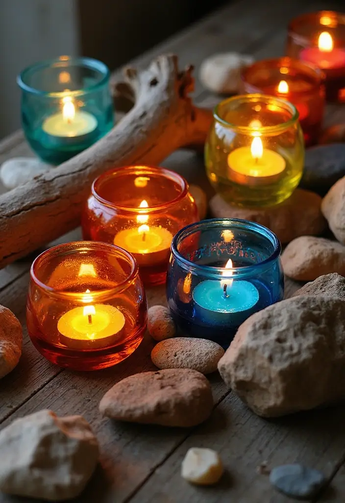 29 Rustic Wall Decor Ideas with Candles and Vases That Feel Inviting 72 29 Rustic Wall Decor Ideas with Candles and Vases That Feel Inviting - 16. Colorful Glass Candle Holders