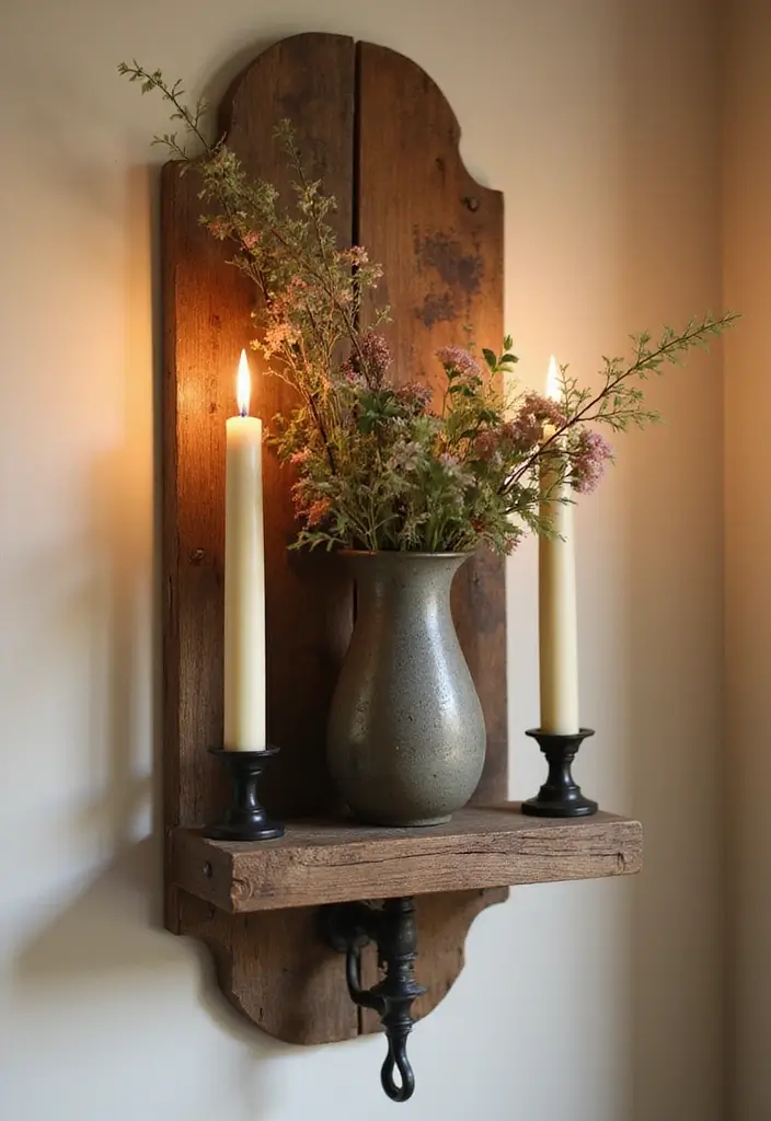 29 Rustic Wall Decor Ideas with Candles and Vases That Feel Inviting 86 29 Rustic Wall Decor Ideas with Candles and Vases That Feel Inviting - 18. Rustic Sconce with Candle and Vase