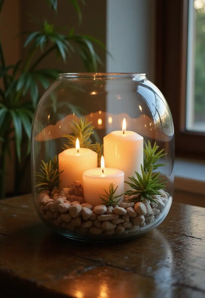 29 Rustic Wall Decor Ideas with Candles and Vases That Feel Inviting 87 29 Rustic Wall Decor Ideas with Candles and Vases That Feel Inviting - 19. Enclosed Glass Terrarium with Candles