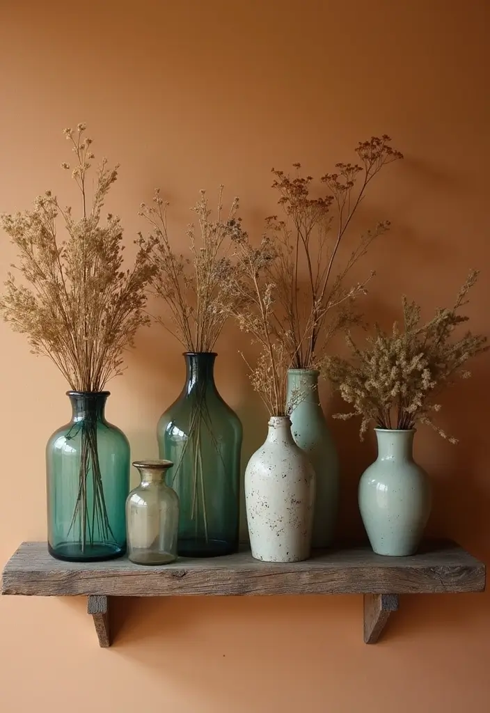 29 Rustic Wall Decor Ideas with Candles and Vases That Feel Inviting 8 29 Rustic Wall Decor Ideas with Candles and Vases That Feel Inviting - 2. Vintage Glass Vases on a Wood Ledge