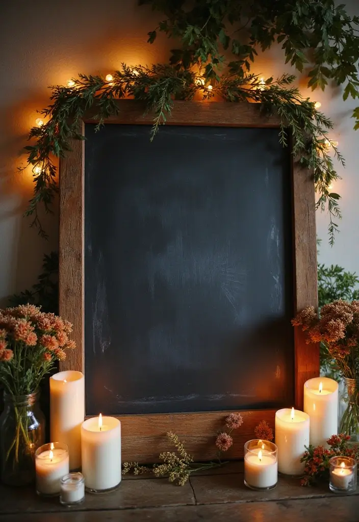 29 Rustic Wall Decor Ideas with Candles and Vases That Feel Inviting 88 29 Rustic Wall Decor Ideas with Candles and Vases That Feel Inviting - 20. Chalkboard Sign with Candle Display