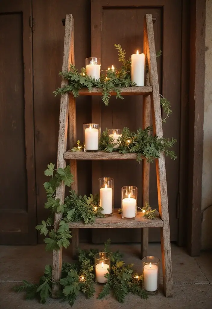 29 Rustic Wall Decor Ideas with Candles and Vases That Feel Inviting 108 29 Rustic Wall Decor Ideas with Candles and Vases That Feel Inviting - 26. Vintage Ladder with Candles