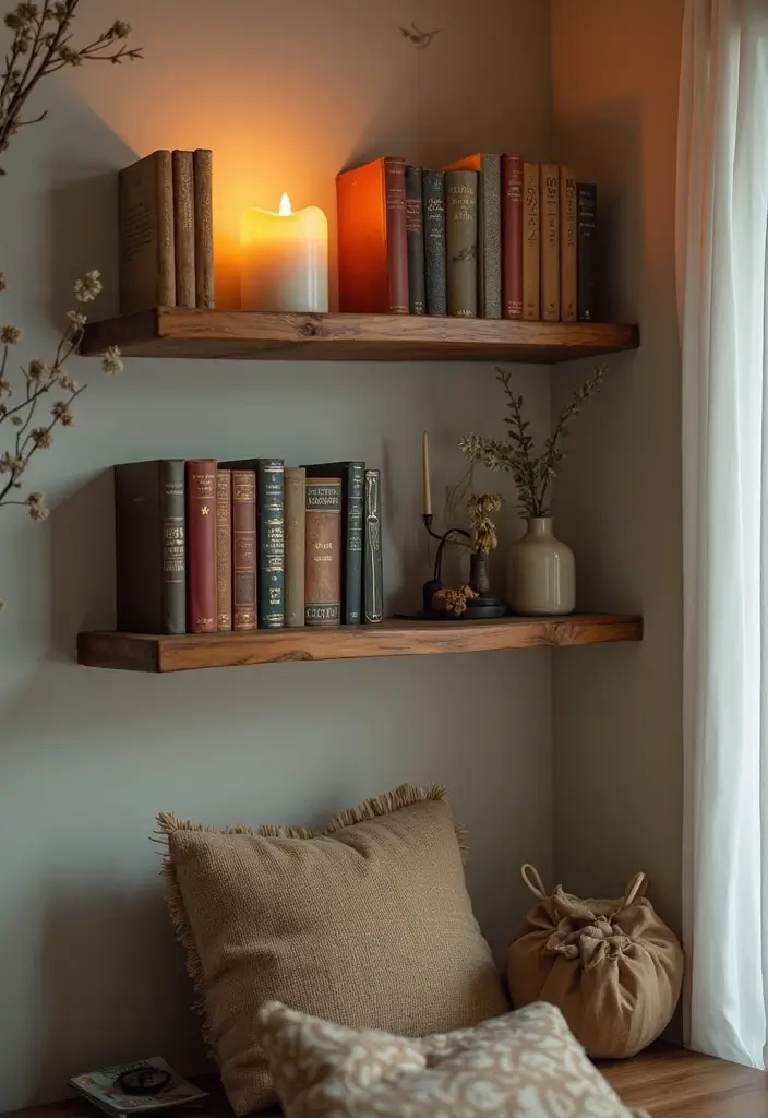 29 Rustic Wall Decor Ideas with Candles and Vases That Feel Inviting 115 29 Rustic Wall Decor Ideas with Candles and Vases That Feel Inviting - 27. Candle and Book Display