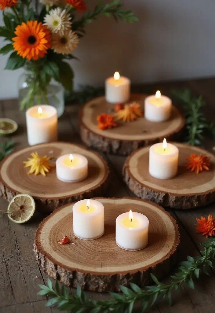 29 Rustic Wall Decor Ideas with Candles and Vases That Feel Inviting 123 29 Rustic Wall Decor Ideas with Candles and Vases That Feel Inviting - 29. Candle and Wood Slice Display