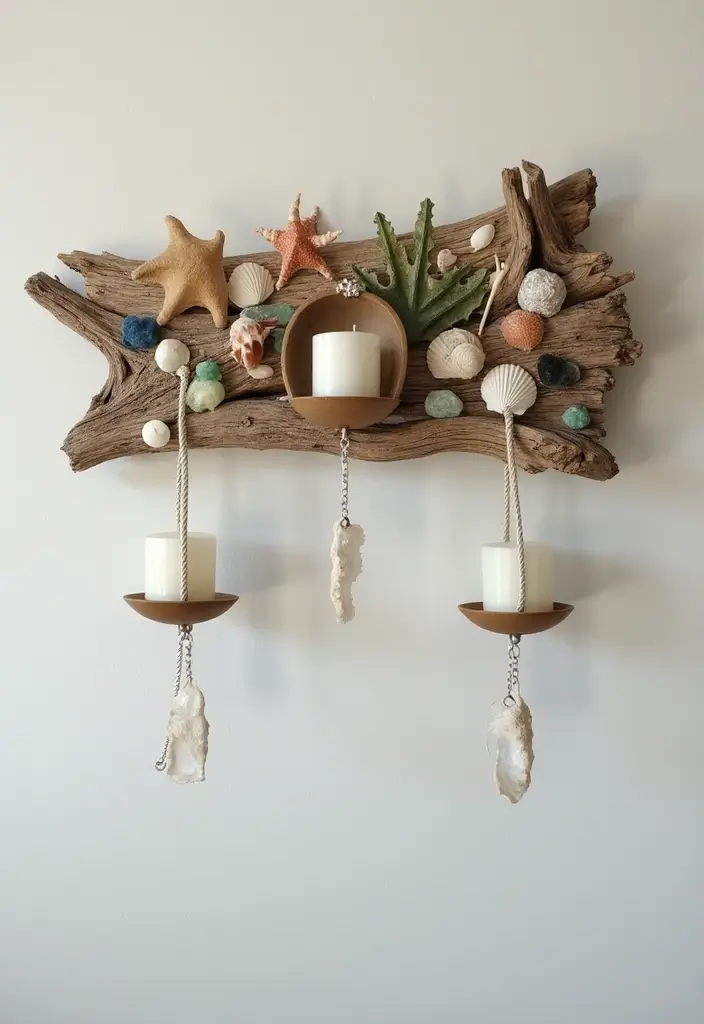 29 Rustic Wall Decor Ideas with Candles and Vases That Feel Inviting 29 29 Rustic Wall Decor Ideas with Candles and Vases That Feel Inviting - 5. Driftwood Wall Art with Hanging Candles