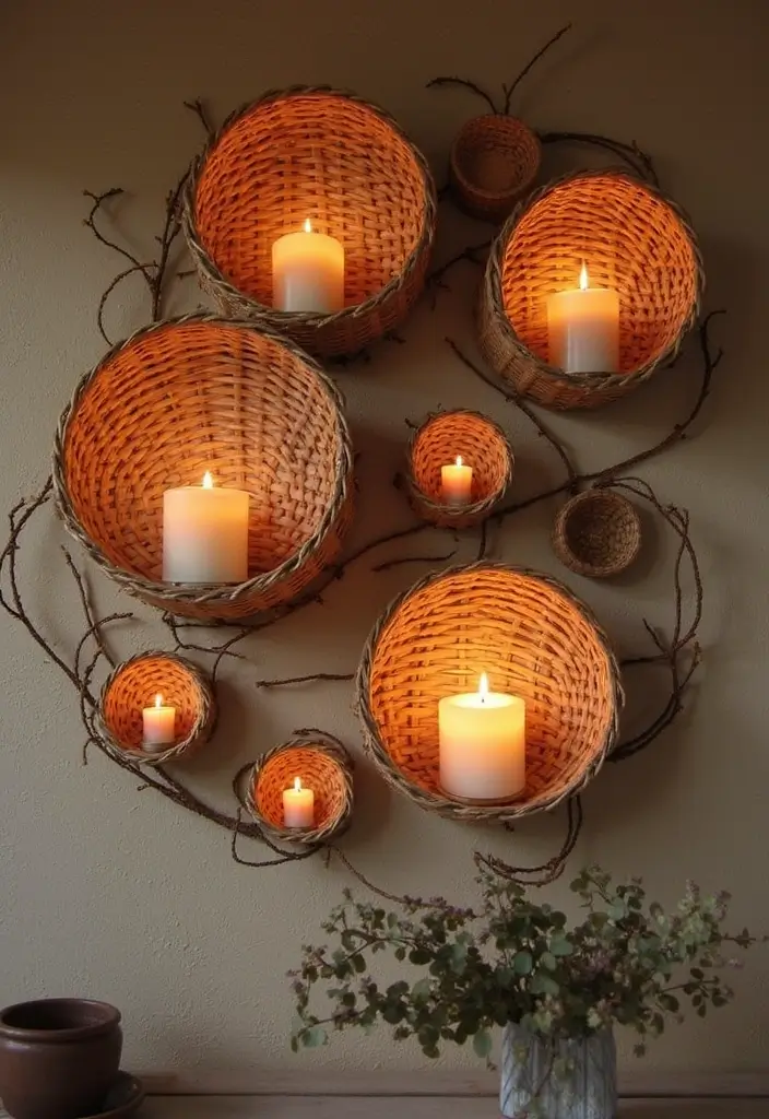 29 Rustic Wall Decor Ideas with Candles and Vases That Feel Inviting 57 29 Rustic Wall Decor Ideas with Candles and Vases That Feel Inviting - 9. Woven Baskets as Candle Holders