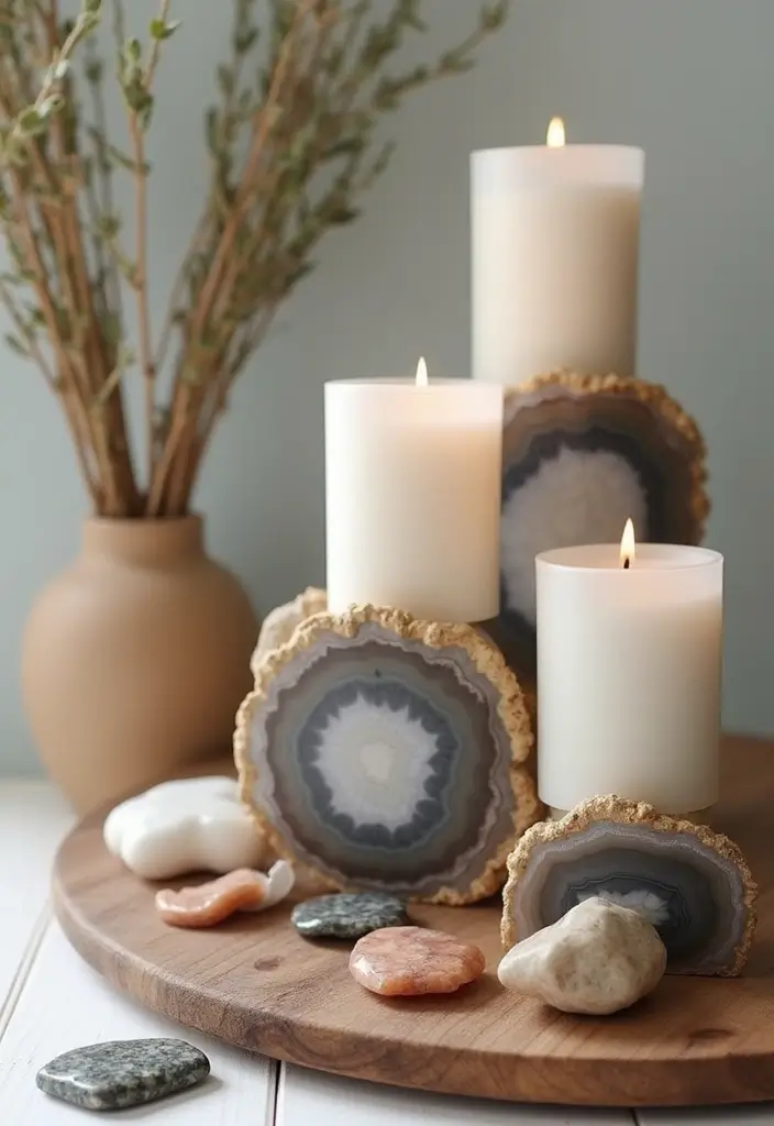 30 Agate Candle Holder Decor Ideas for a Luxurious Look 68 30 Agate Candle Holder Decor Ideas for a Luxurious Look - 26. Layering with Other Stones