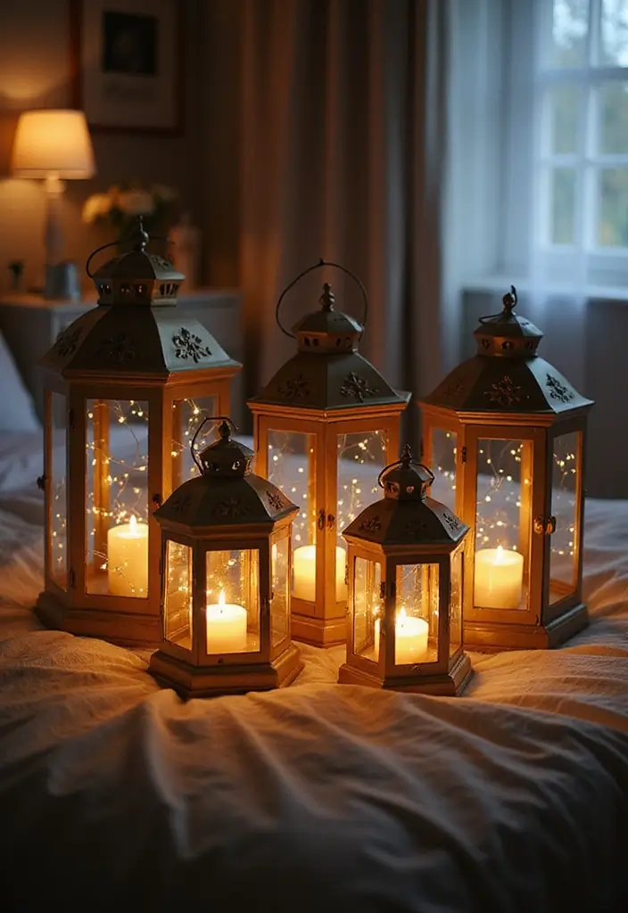 30+ Bedroom Candle Decor Ideas for Soft Romantic Lighting 27 30+ Bedroom Candle Decor Ideas for Soft Romantic Lighting - 15. Lanterns with Fairy Lights