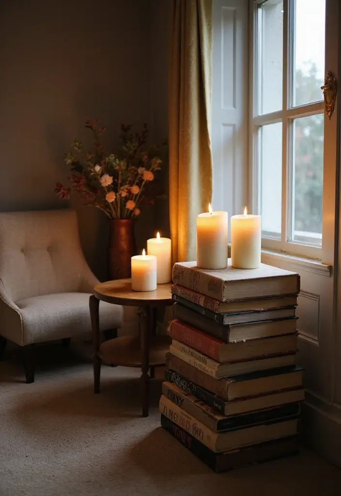 30+ Bedroom Candle Decor Ideas for Soft Romantic Lighting 28 30+ Bedroom Candle Decor Ideas for Soft Romantic Lighting - 16. Candle Decor with Books