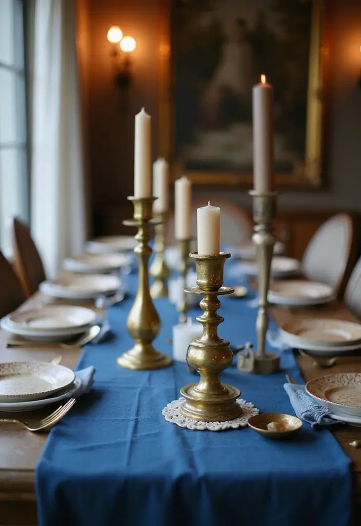 30 Brass Candle Holder Decor Ideas for Vintage Glam Vibes 1 30 Brass Candle Holder Decor Ideas for Vintage Glam Vibes - 1. Layered Brass Candles on a Blue Table Runner
