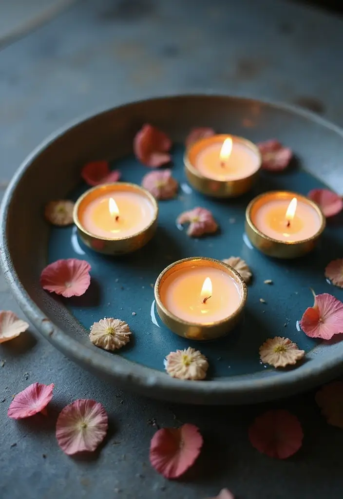 30 Brass Candle Holder Decor Ideas for Vintage Glam Vibes 58 30 Brass Candle Holder Decor Ideas for Vintage Glam Vibes - 10. Floating Brass Candle Holders with Blue Water Accents