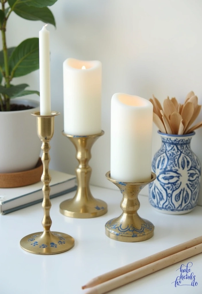 30 Brass Candle Holder Decor Ideas for Vintage Glam Vibes 65 30 Brass Candle Holder Decor Ideas for Vintage Glam Vibes - 11. Brass Candle Holders with Hand-Painted Blue Accents