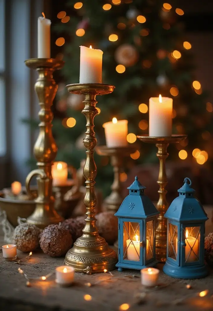 30 Brass Candle Holder Decor Ideas for Vintage Glam Vibes 66 30 Brass Candle Holder Decor Ideas for Vintage Glam Vibes - 12. Multi-Tiered Brass Candle Holders with Blue Lanterns