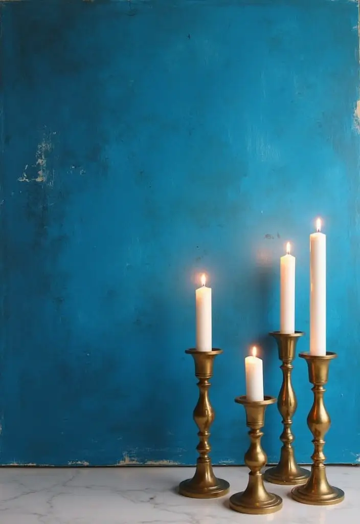 30 Brass Candle Holder Decor Ideas for Vintage Glam Vibes 67 30 Brass Candle Holder Decor Ideas for Vintage Glam Vibes - 13. Brass Candle Holders on Blue Canvas Art Background