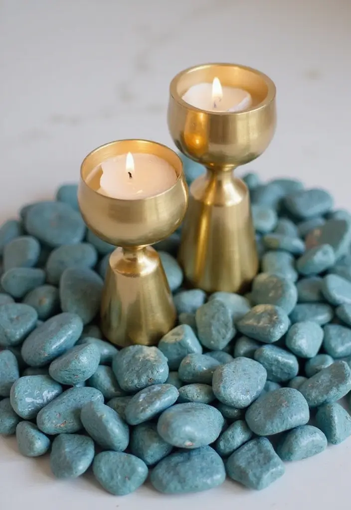 30 Brass Candle Holder Decor Ideas for Vintage Glam Vibes 68 30 Brass Candle Holder Decor Ideas for Vintage Glam Vibes - 14. Brass Candle Holders with Blue Pebbles
