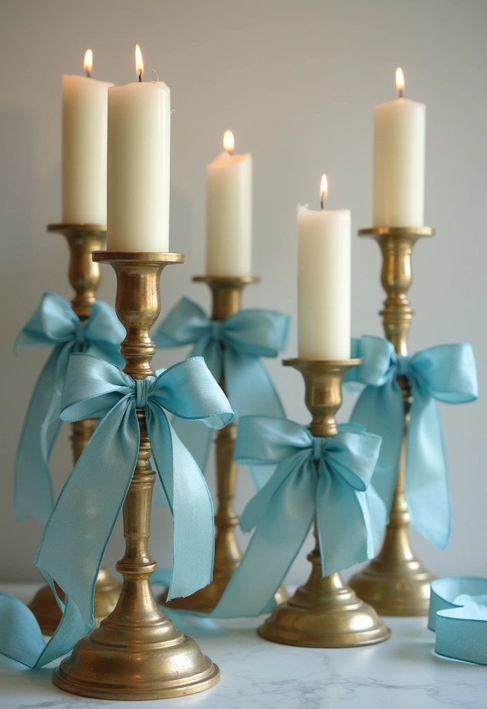 30 Brass Candle Holder Decor Ideas for Vintage Glam Vibes 75 30 Brass Candle Holder Decor Ideas for Vintage Glam Vibes - 15. Vintage Brass Holders with Blue Ribbon Accents