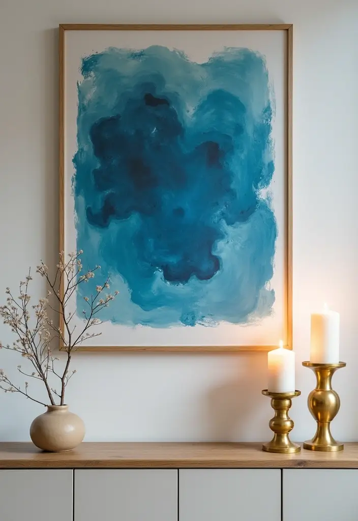 30 Brass Candle Holder Decor Ideas for Vintage Glam Vibes 76 30 Brass Candle Holder Decor Ideas for Vintage Glam Vibes - 16. Brass Candle Holders with Blue Wall Art