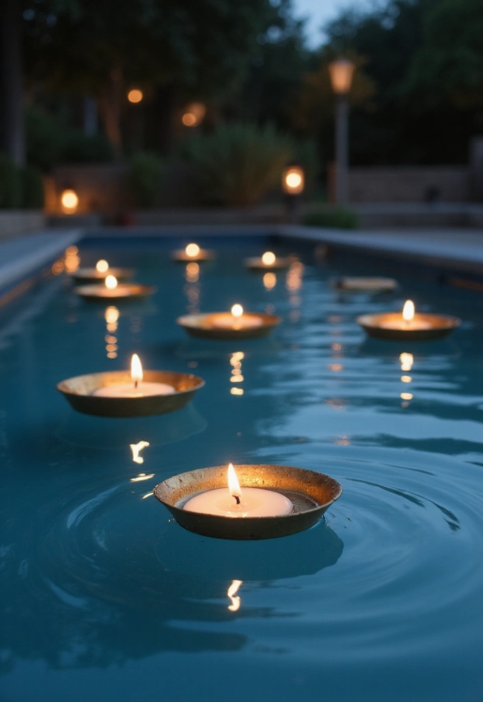 30 Brass Candle Holder Decor Ideas for Vintage Glam Vibes 83 30 Brass Candle Holder Decor Ideas for Vintage Glam Vibes - 17. Floating Brass Candle Holders in a Blue Pool