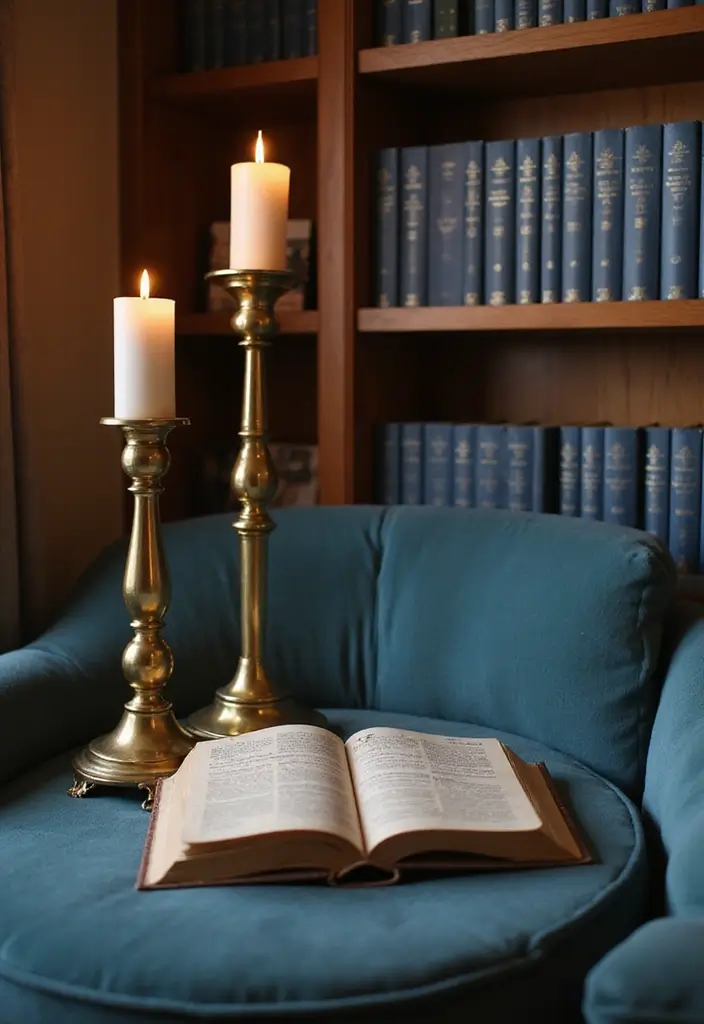 30 Brass Candle Holder Decor Ideas for Vintage Glam Vibes 86 30 Brass Candle Holder Decor Ideas for Vintage Glam Vibes - 18. Brass Candle Holders on Blue Bookshelves