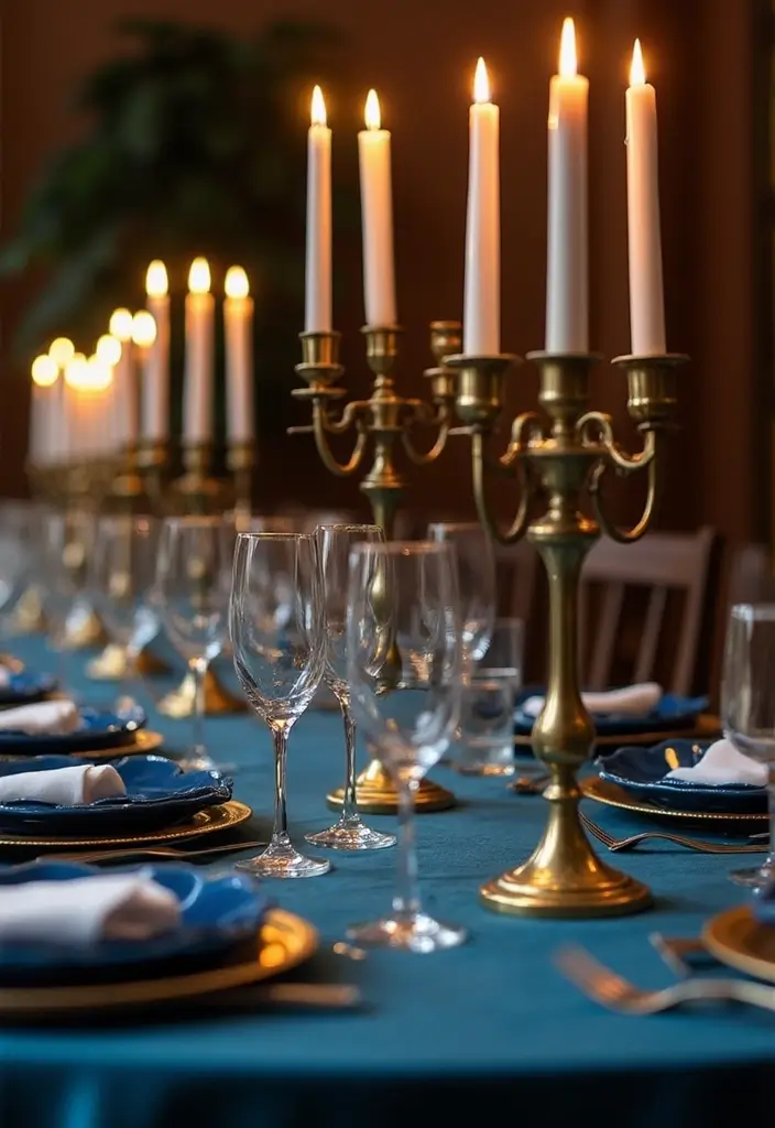 30 Brass Candle Holder Decor Ideas for Vintage Glam Vibes 87 30 Brass Candle Holder Decor Ideas for Vintage Glam Vibes - 19. Brass Candle Holders with Blue Tablecloth Settings