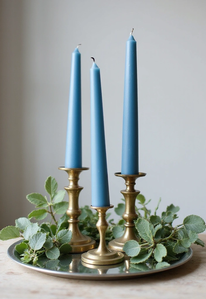 30 Brass Candle Holder Decor Ideas for Vintage Glam Vibes 8 30 Brass Candle Holder Decor Ideas for Vintage Glam Vibes - 2. Vintage Brass Holders with Ocean Blue Candles