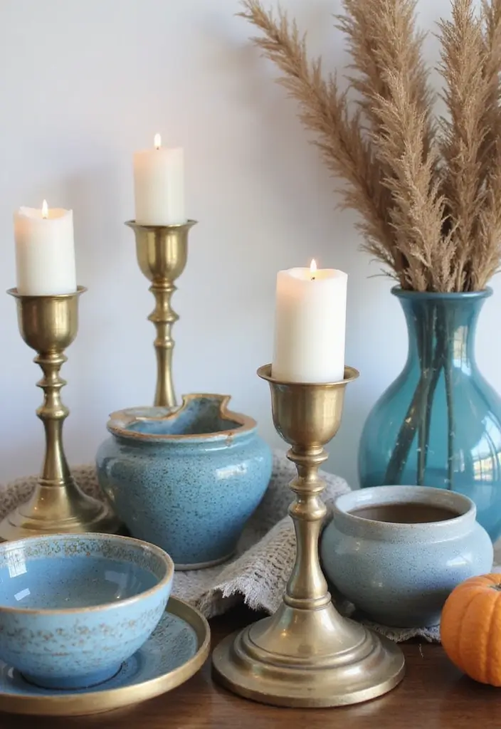 30 Brass Candle Holder Decor Ideas for Vintage Glam Vibes 88 30 Brass Candle Holder Decor Ideas for Vintage Glam Vibes - 20. Brass Candle Holders with Blue Seasonal Decor