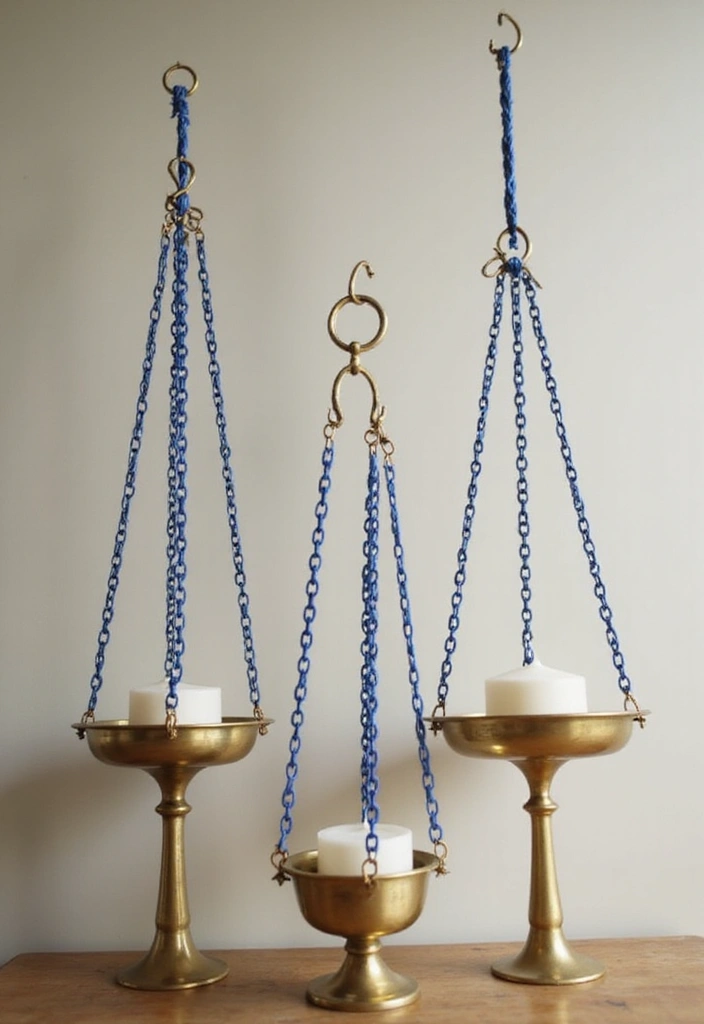 30 Brass Candle Holder Decor Ideas for Vintage Glam Vibes 95 30 Brass Candle Holder Decor Ideas for Vintage Glam Vibes - 21. Hanging Brass Candle Holders with Blue Chains