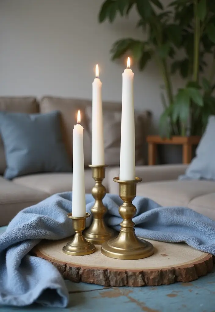 30 Brass Candle Holder Decor Ideas for Vintage Glam Vibes 96 30 Brass Candle Holder Decor Ideas for Vintage Glam Vibes - 22. Rustic Brass Candle Holders with Blue Wood Accents