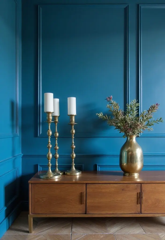 30 Brass Candle Holder Decor Ideas for Vintage Glam Vibes 103 30 Brass Candle Holder Decor Ideas for Vintage Glam Vibes - 23. Brass Candle Holders with Blue Accent Wall