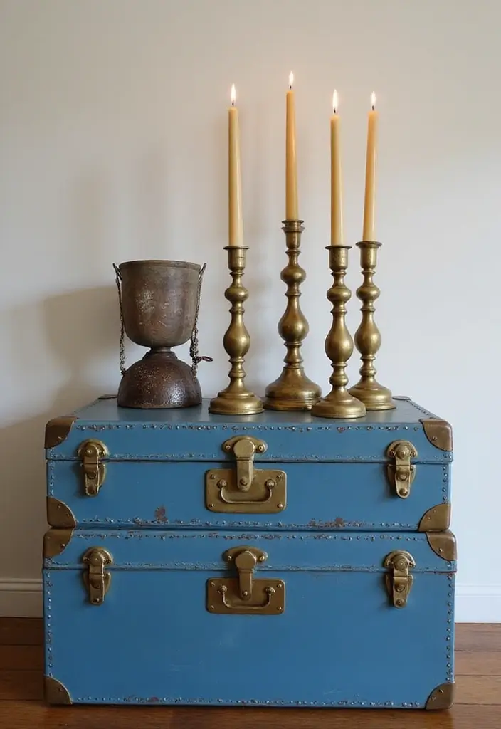 30 Brass Candle Holder Decor Ideas for Vintage Glam Vibes 106 30 Brass Candle Holder Decor Ideas for Vintage Glam Vibes - 24. Brass Candle Holders with Blue Vintage Trunks