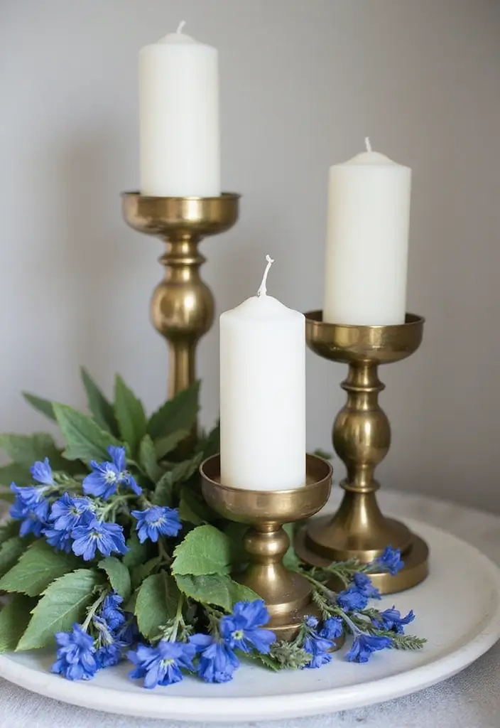 30 Brass Candle Holder Decor Ideas for Vintage Glam Vibes 107 30 Brass Candle Holder Decor Ideas for Vintage Glam Vibes - 25. Brass Candle Holders with Blue Seasonal Flowers