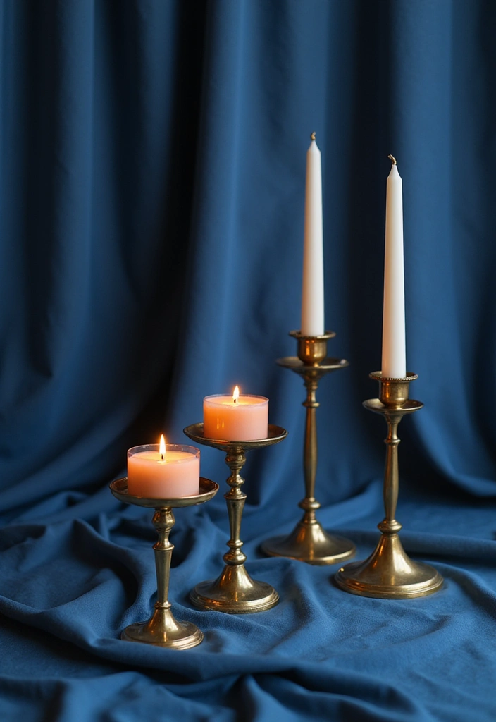 30 Brass Candle Holder Decor Ideas for Vintage Glam Vibes 108 30 Brass Candle Holder Decor Ideas for Vintage Glam Vibes - 26. Brass Candle Holders with Blue Silk Drapes