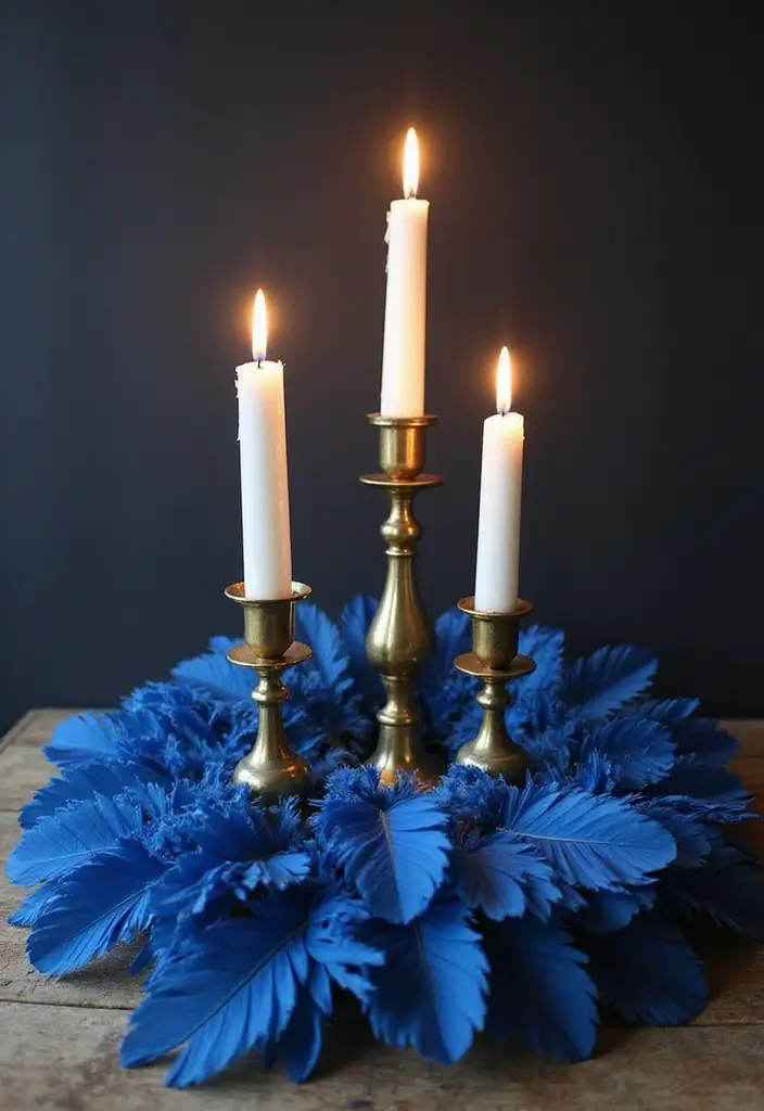 30 Brass Candle Holder Decor Ideas for Vintage Glam Vibes 121 30 Brass Candle Holder Decor Ideas for Vintage Glam Vibes - 29. Vintage Brass Candle Holders with Blue Feather Accents
