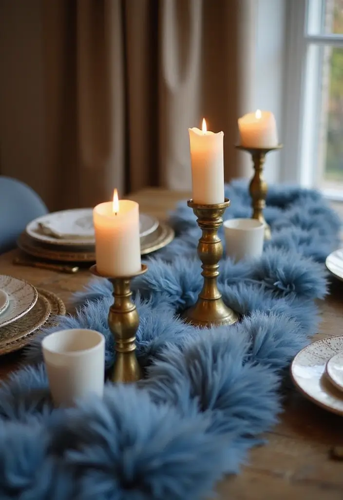 30 Brass Candle Holder Decor Ideas for Vintage Glam Vibes 122 30 Brass Candle Holder Decor Ideas for Vintage Glam Vibes - 30. Brass Candle Holders with Blue Faux Fur Runners