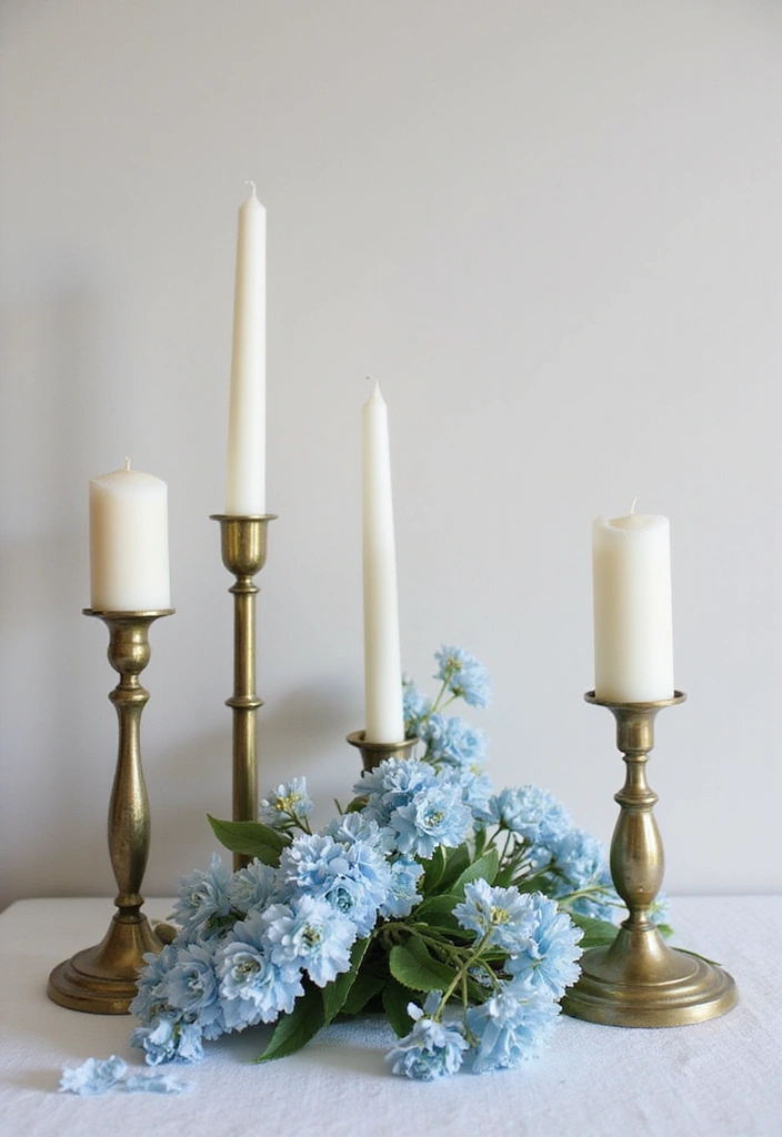 30 Brass Candle Holder Decor Ideas for Vintage Glam Vibes 22 30 Brass Candle Holder Decor Ideas for Vintage Glam Vibes - 4. Elegant Brass Holders with Blue Floral Arrangements