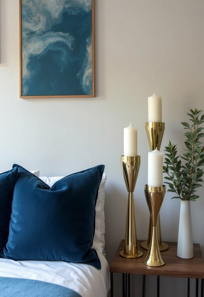 30 Brass Candle Holder Decor Ideas for Vintage Glam Vibes 29 30 Brass Candle Holder Decor Ideas for Vintage Glam Vibes - 5. Geometric Brass Candle Holders with Rich Blue Accents